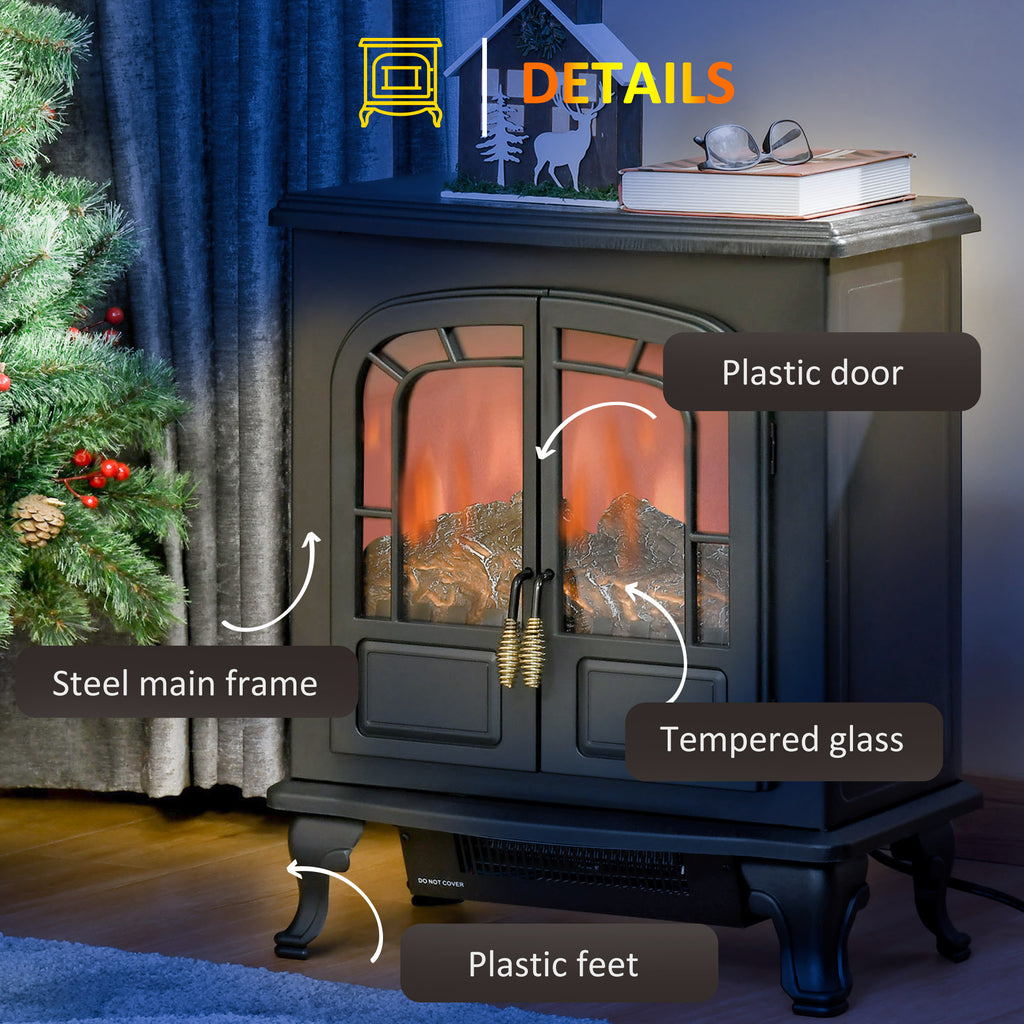 Electric Fireplace Stove Heater with LED Fire Flame Effect, Double Door, Freestanding & Portable with Overheat Protection, 750W/1500W, Black