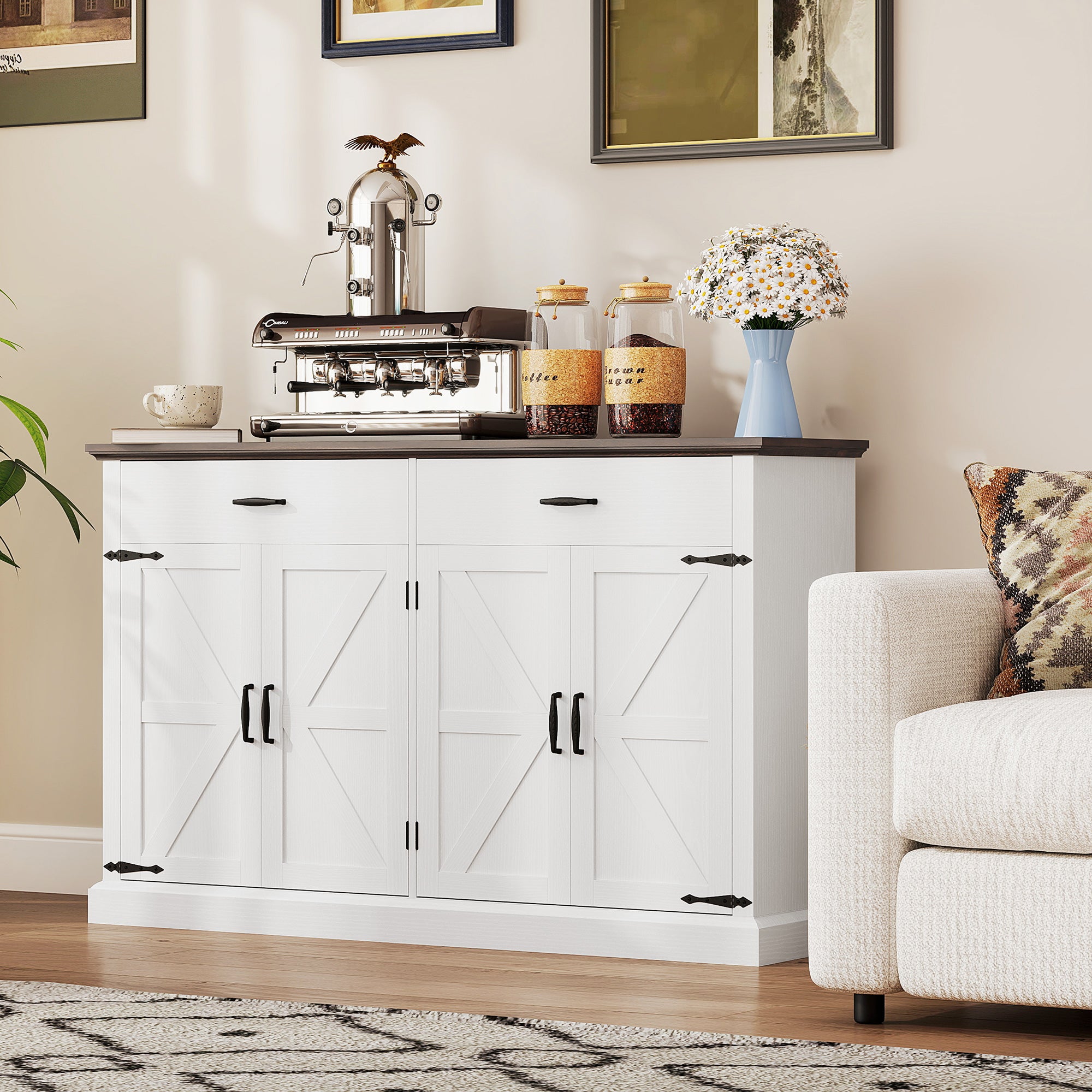 30" Buffet Cabinet, Farmhouse Sideboard with 1.2" Thick Top, 2 Barn Doors, Drawer and Adjustable Shelf, White