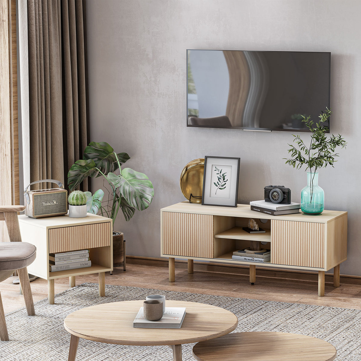 Modern Bedside Table with Drawer and Open Shelf, Sofa Side Table for Bedroom Living Room, Natural