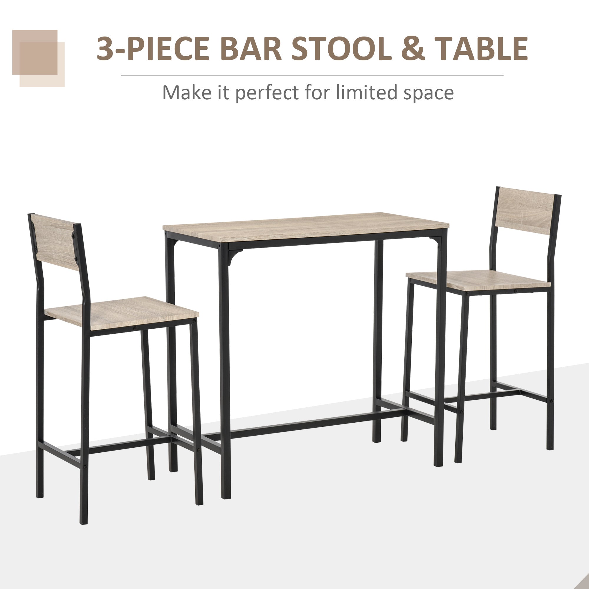 Industrial Bar Table Set Counter Height 3 Piece and 2 High Back Stools Set Dining Table Set Natural Wood