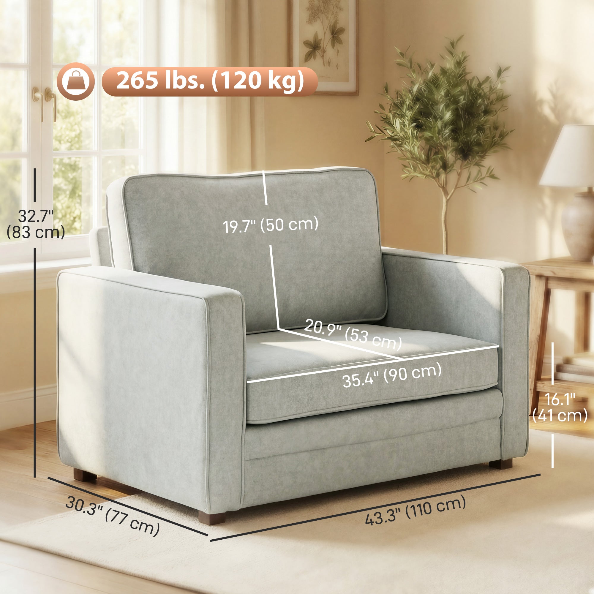 Accent Chair, Velvet-feel Fabric Armchair with Wide Seat, Spring Cushion, Solid Wood legs, Brown