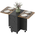 Drop Leaf Dining Table, Mobile Folding Table on Wheels with Drawers and Cabinet for Dining Room, Rustic Brown and Black