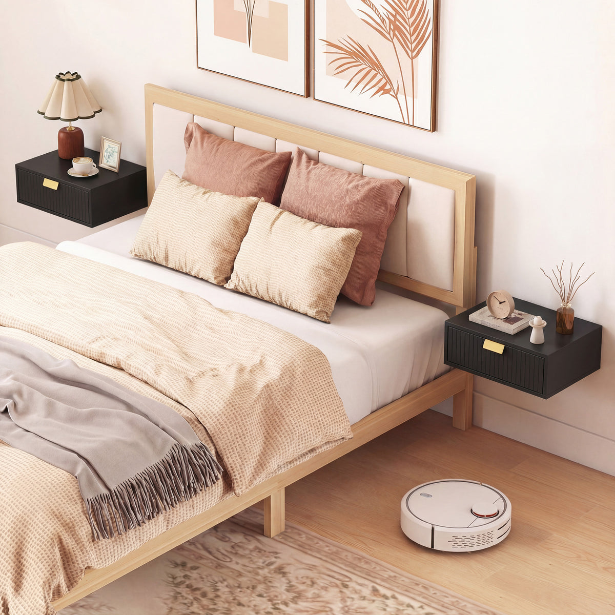 Modern Floating Nightstands Set of 2, Wall Mounted Bedside Tables with Wave Drawer White