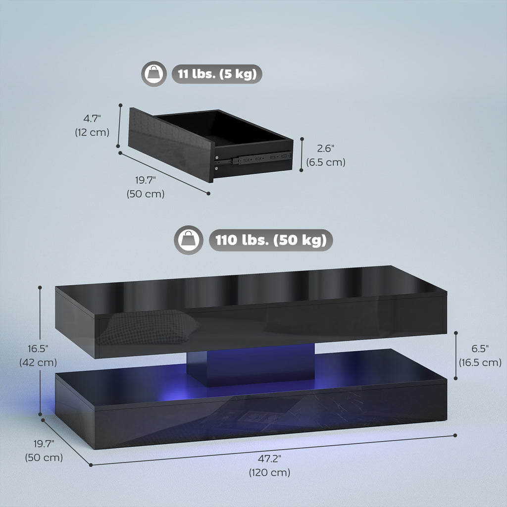 Coffee Table with Adjustable LED Lights, Modern Living Room Table with 2 Drawers, Open Shelf, Remote, High Gloss White