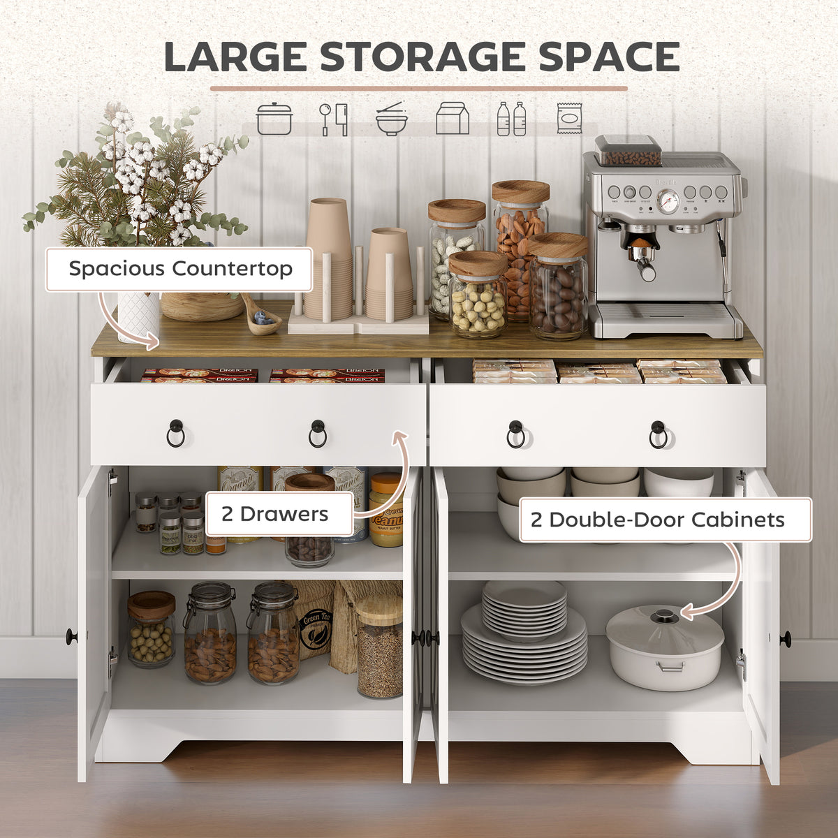 Kitchen Sideboard Cabinet with 2 Drawers, 4 Barn Doors and 2 Adjustable Shelves, Buffet Table for Living Room, White