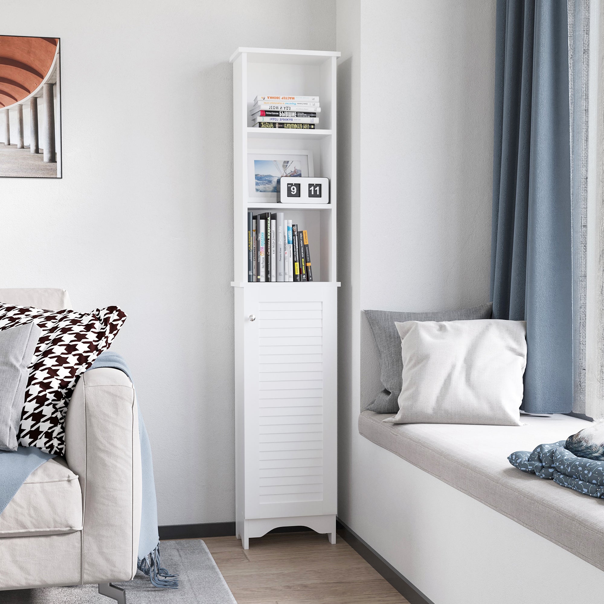 Tall Bathroom Storage Cabinet, Freestanding Linen Tower with 3-Tier Open Adjustable Shelf, White