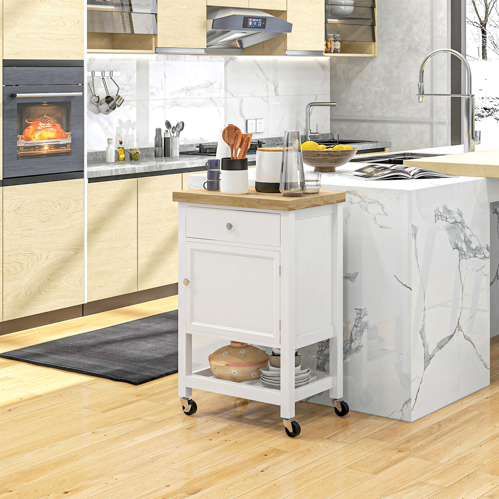 Kitchen Cart on Wheels, Rolling Kitchen Island Cart with Wood Top, Towel Rack, Drawer and Shelf for Dining Area, White