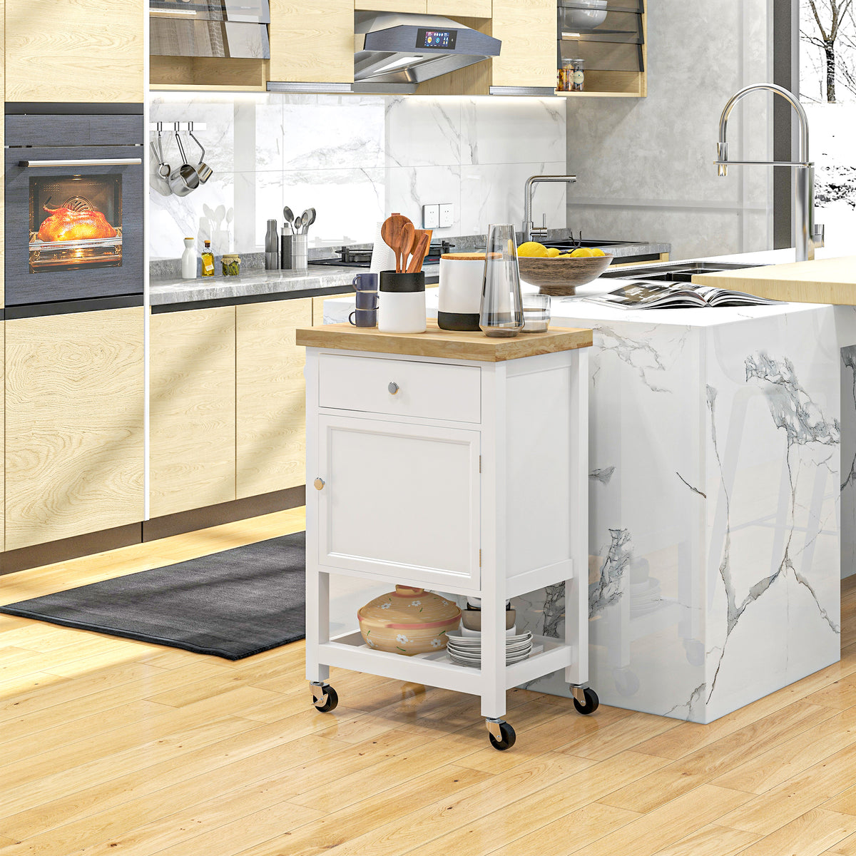 Kitchen Cart on Wheels, Rolling Kitchen Island Cart with Wood Top, Towel Rack, Drawer and Shelf for Dining Area, White