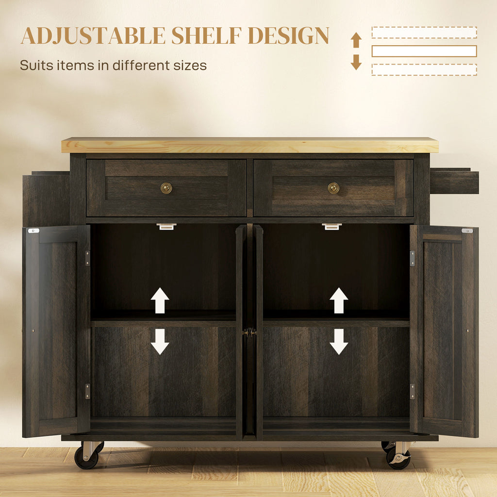 Kitchen Island with Storage, Rolling Trolley Cart with Rubber Wood Top, Spice Rack, Towel Rack, Grey