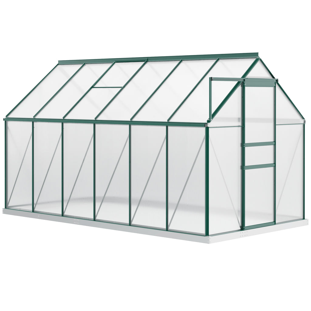 دفيئة من البولي كربونات 6' × 12' × 6.5'، دفيئة ذات مدخل مع فتحة سقف قابلة للتعديل، قاعدة مجلفنة، باب منزلق، ميزاب مطر للحديقة الخارجية والفناء الخلفي، أخضر
