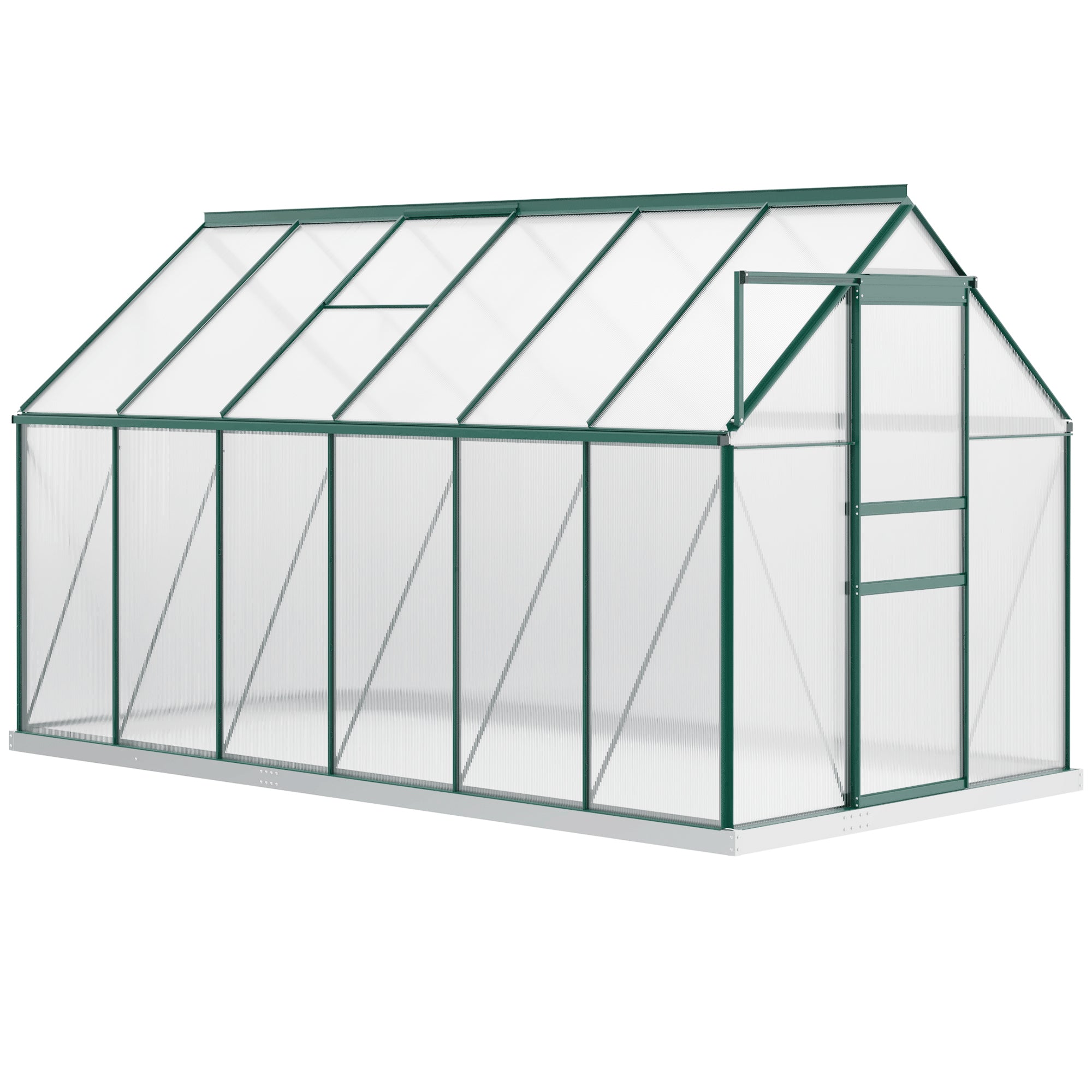 دفيئة من البولي كربونات 6' × 12' × 6.5'، دفيئة ذات مدخل مع فتحة سقف قابلة للتعديل، قاعدة مجلفنة، باب منزلق، ميزاب مطر للحديقة الخارجية والفناء الخلفي، أخضر