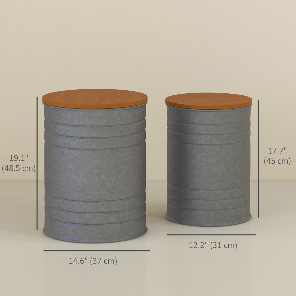 Round Side Table Set of 2, Nesting Coffee Tables w/ Wooden Lid, Galvanized Sheet Frame and Hidden Storage Space, Grey