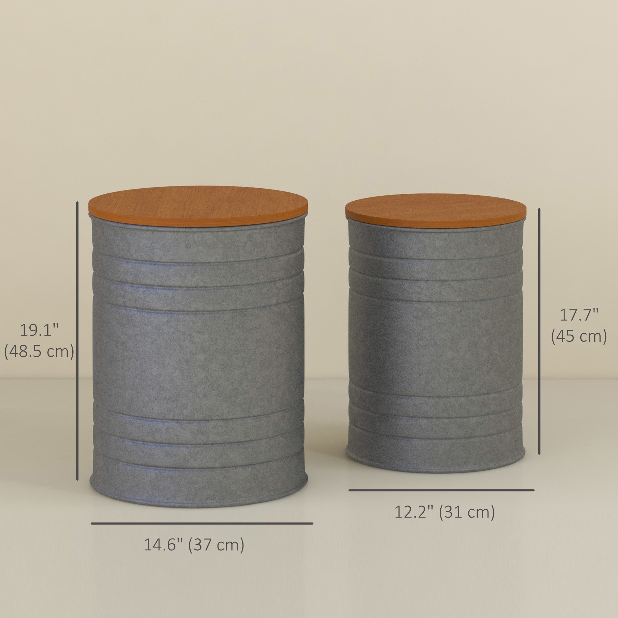 Round Side Table Set of 2, Nesting Coffee Tables w/ Wooden Lid, Galvanized Sheet Frame and Hidden Storage Space, Grey