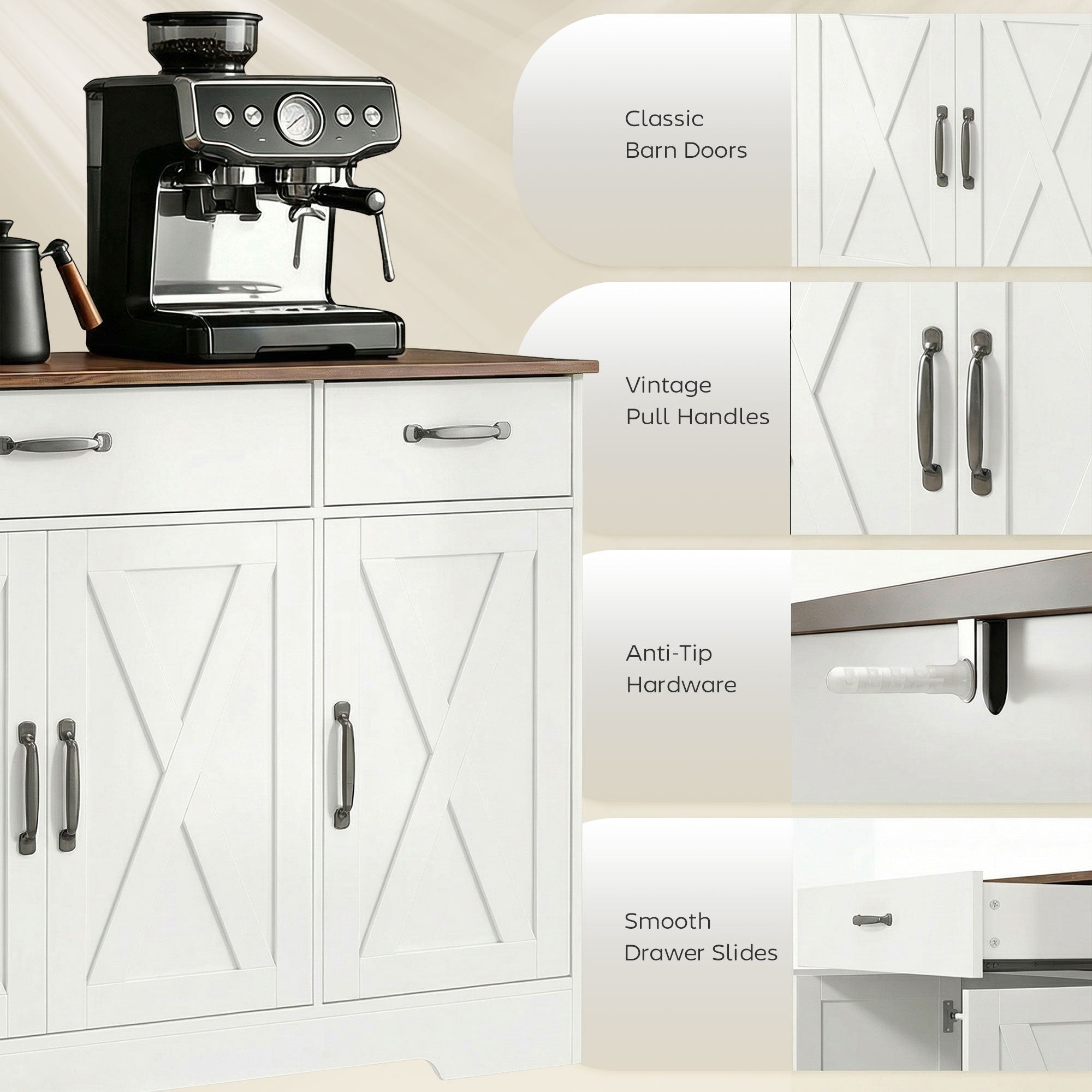 Sideboard Buffet Cabinet, 55" Farmhouse Kitchen Cabinet with 4 Barn Doors, 3 Drawers, 3 Adjustable Shelves, White