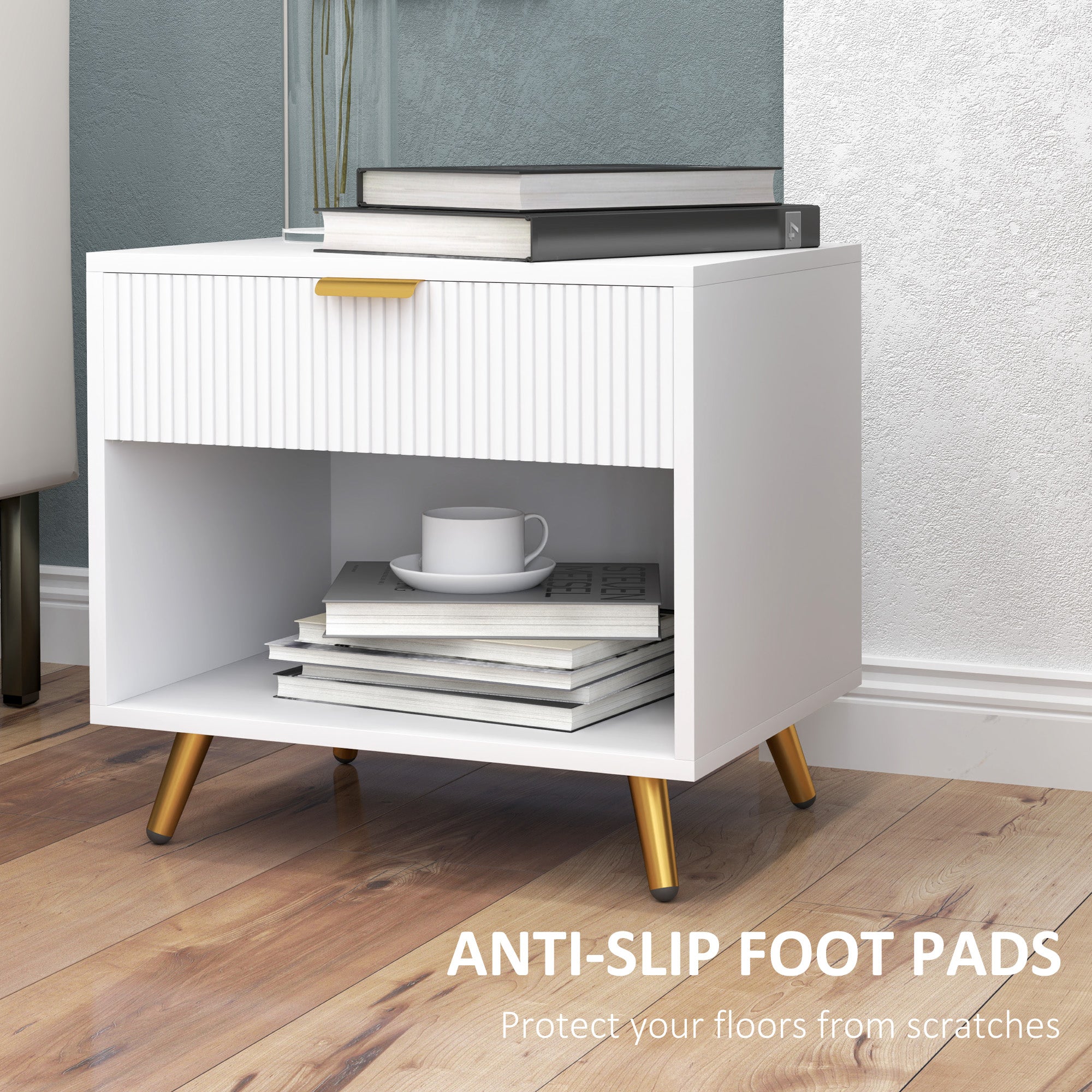 Nightstand with Fluted Panel, Bedside Table with Drawer and Open Compartment, Modern Night Table for Bedroom, Black