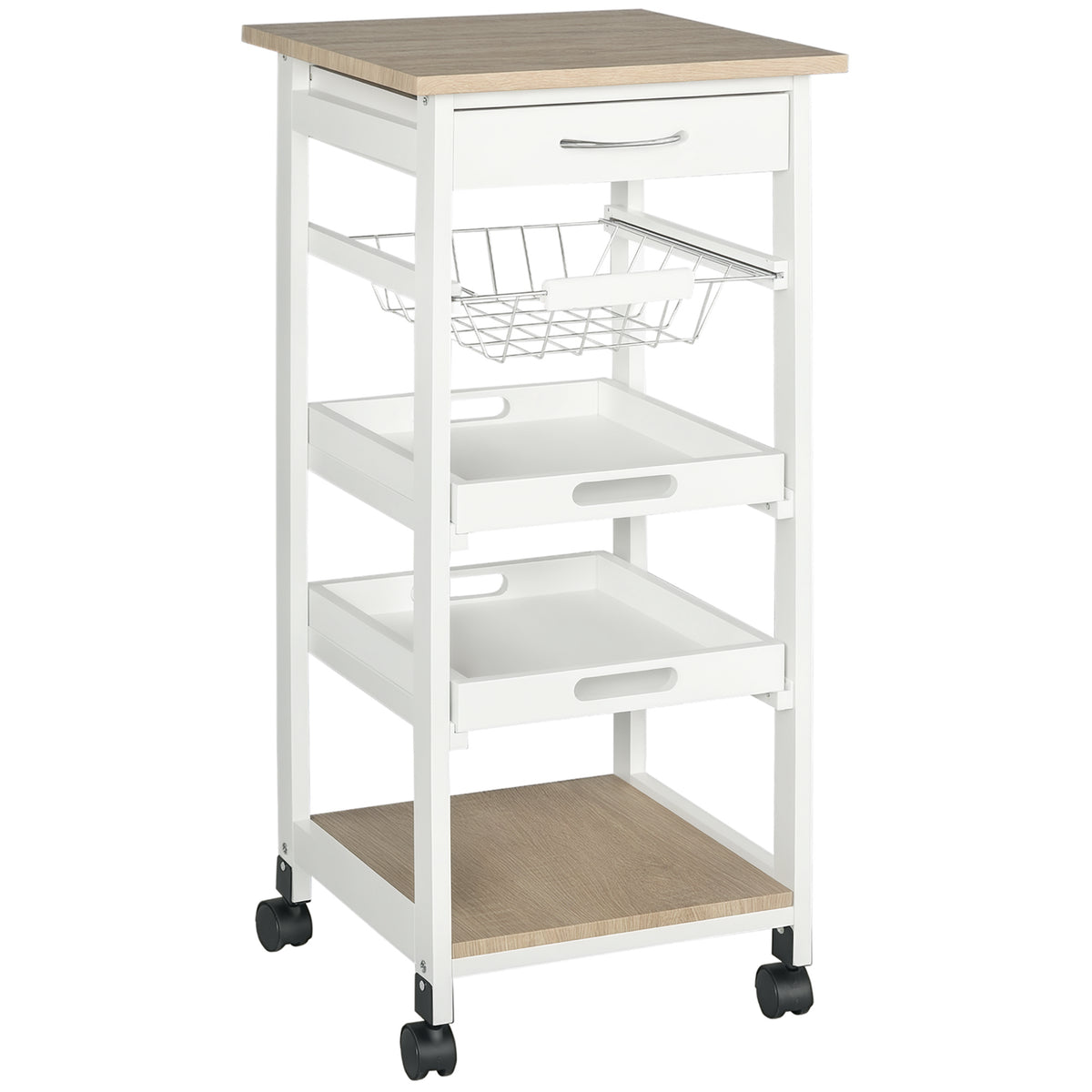 Rolling Kitchen Island Cart, Mobile Utility Storage Cart with Drawer, Wire Storage Basket, Removable Tray, Grey