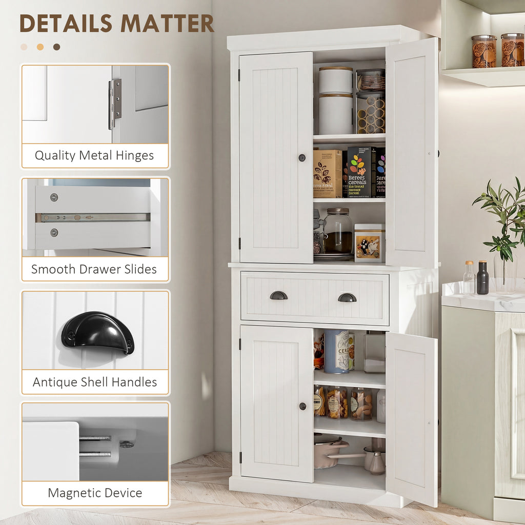 72" Kitchen Pantry, Freestanding Storage Cabinet with Drawer, Doors, Cream White