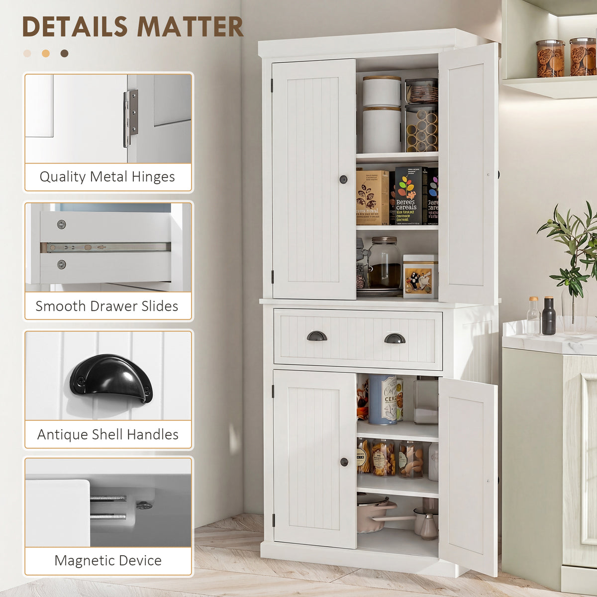 72" Kitchen Pantry, Freestanding Storage Cabinet with Drawer, Doors, Cream White
