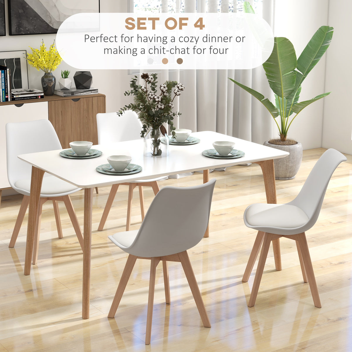 Modern Dining Table Chairs Set of 4, Rubber Wood Kitchen Table Chairs with PU Leather Cushion for Living Room, Bedroom