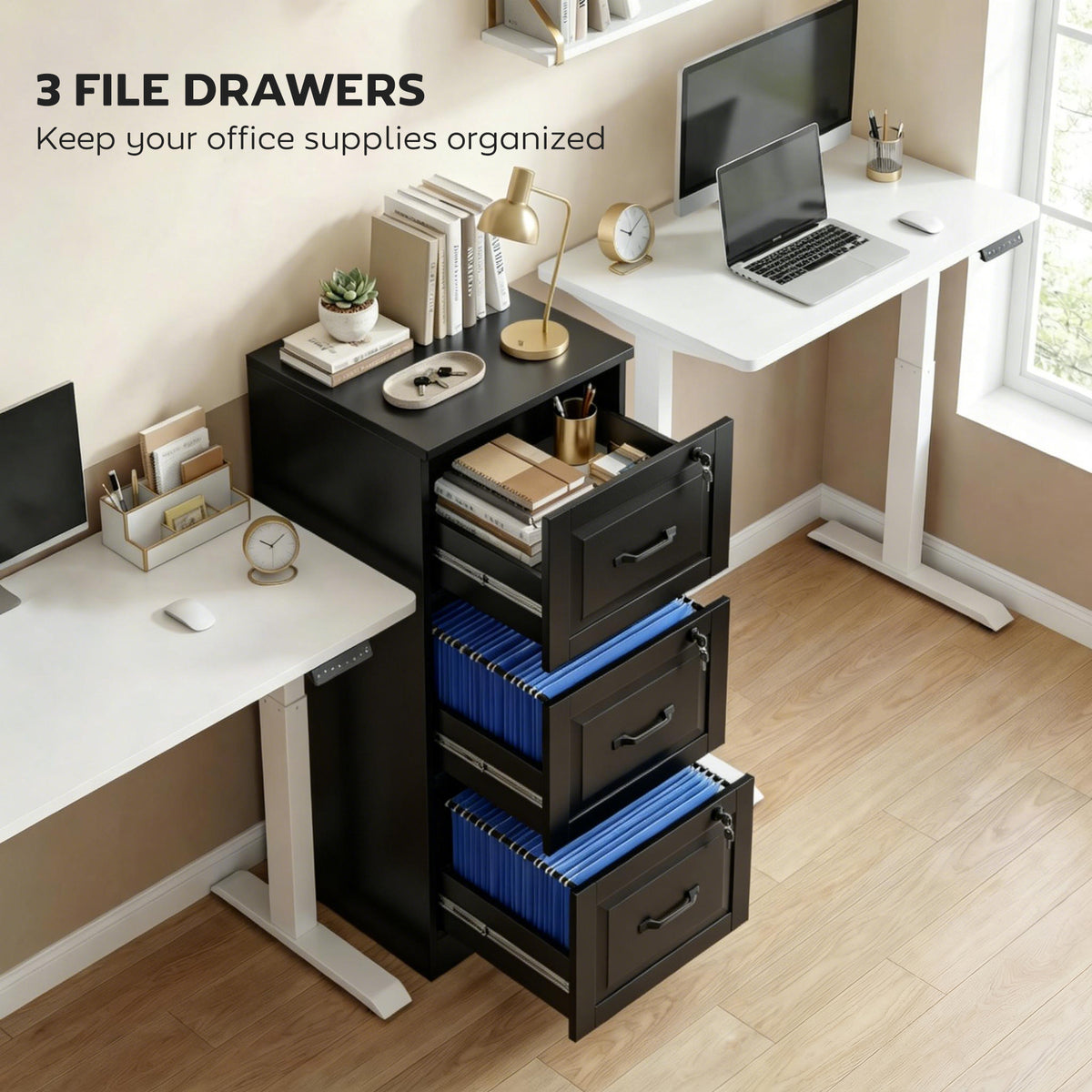 3 Drawer File Cabinet with Lock, Vertical Filing Cabinet with Adjustable Hanging Bars for A4 and Letter Size, Black