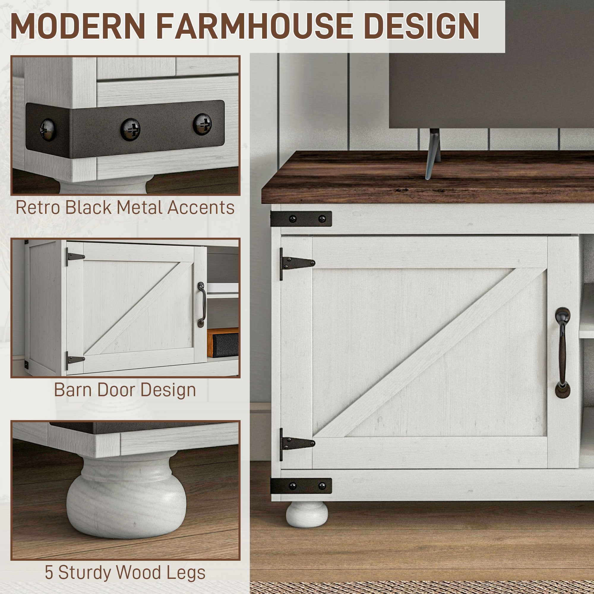 Farmhouse TV Stand Small Minimalist Barn Doors Cable Management for 65" TV Small Space Apartment Distressed White