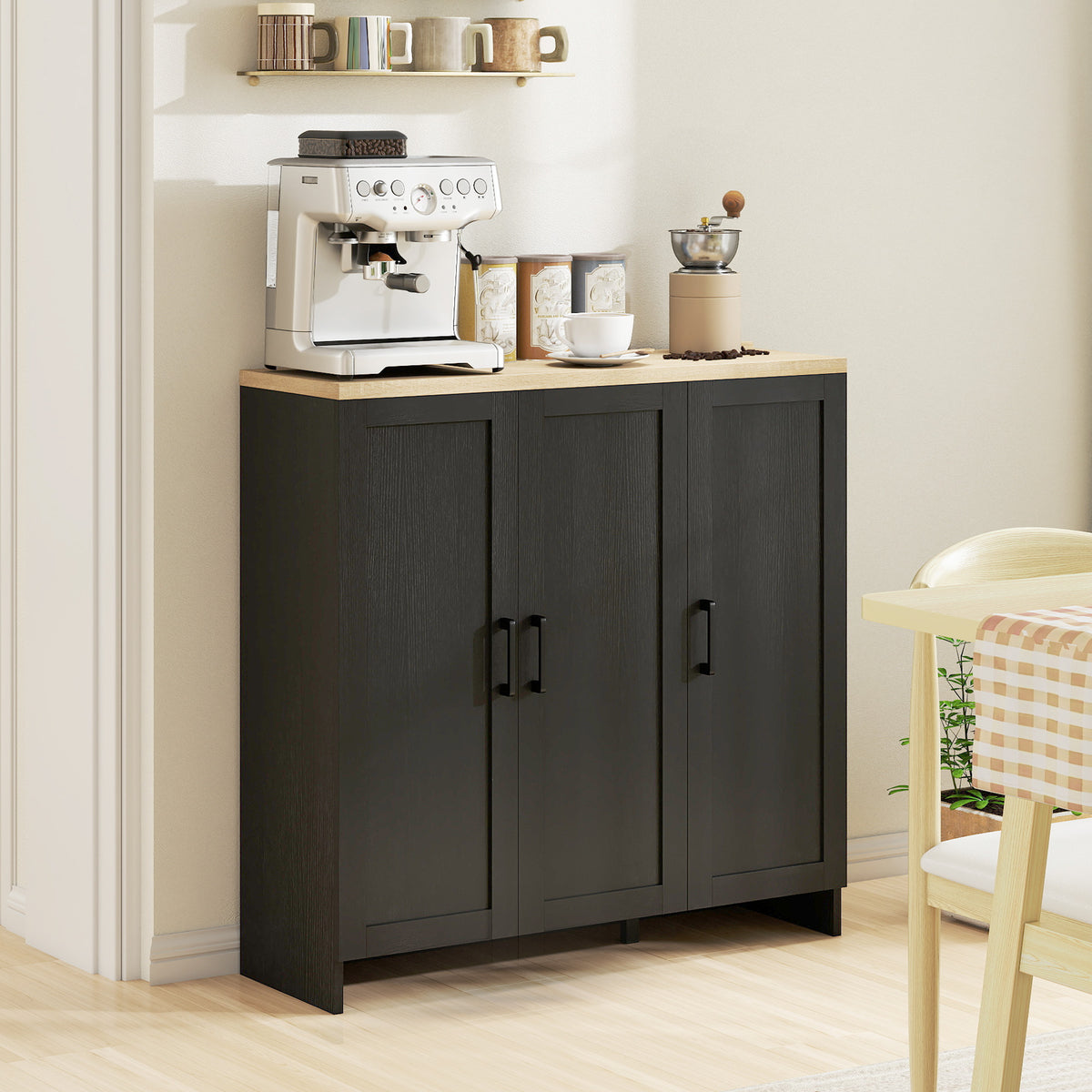 Modern Sideboard Buffet Cabinet, Modern Kitchen Storage Cabinet with 3 Doors Adjustable Shelves, for Dining Room, Black