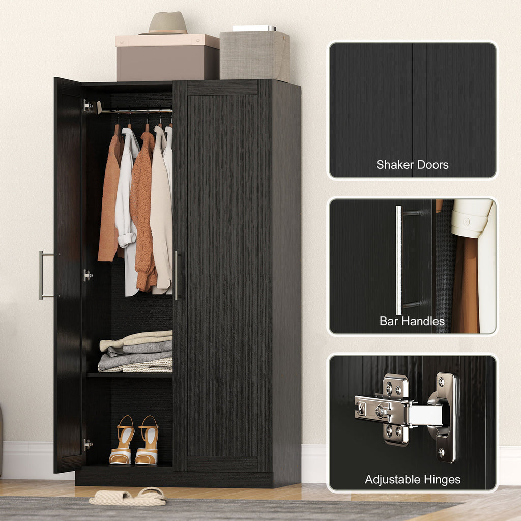 Wardrobe Cabinet with 2 Doors and Hanging Rod, Modern Armoire Wardrobe Closet for Bedroom, White Wood Effect