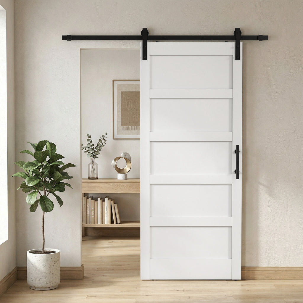 42"x84" Sliding Barn Door with Hardware Kit, Shaker Style Sliding Door with Handle, Track, Floor Guide, White Wood Grain
