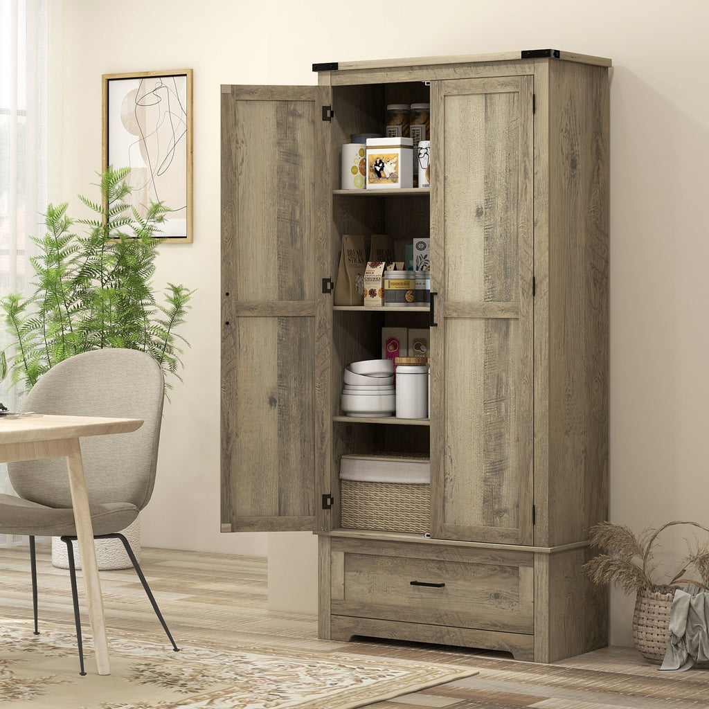 69" Tall Farmhouse Kitchen Pantry Cabinet with 2 Doors, Drawer and Adjustable Shelves, Grey