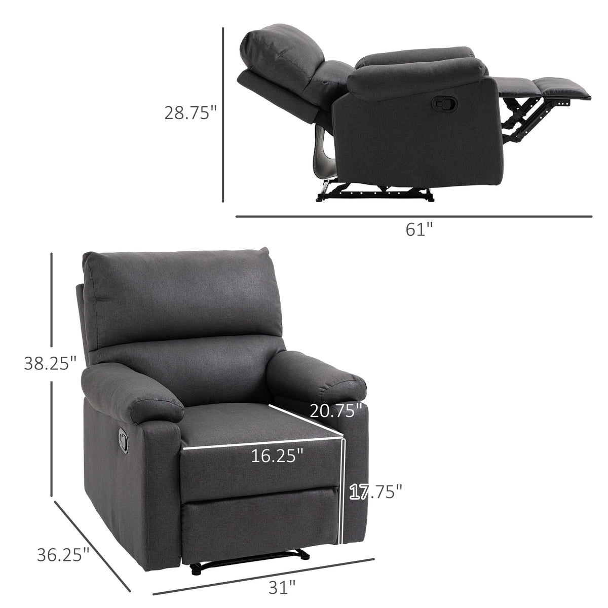 Recliner Chair, Manual Reclining Chair with Footrest, Padded Seat for Living Room, Bedroom, Study, Dark Grey