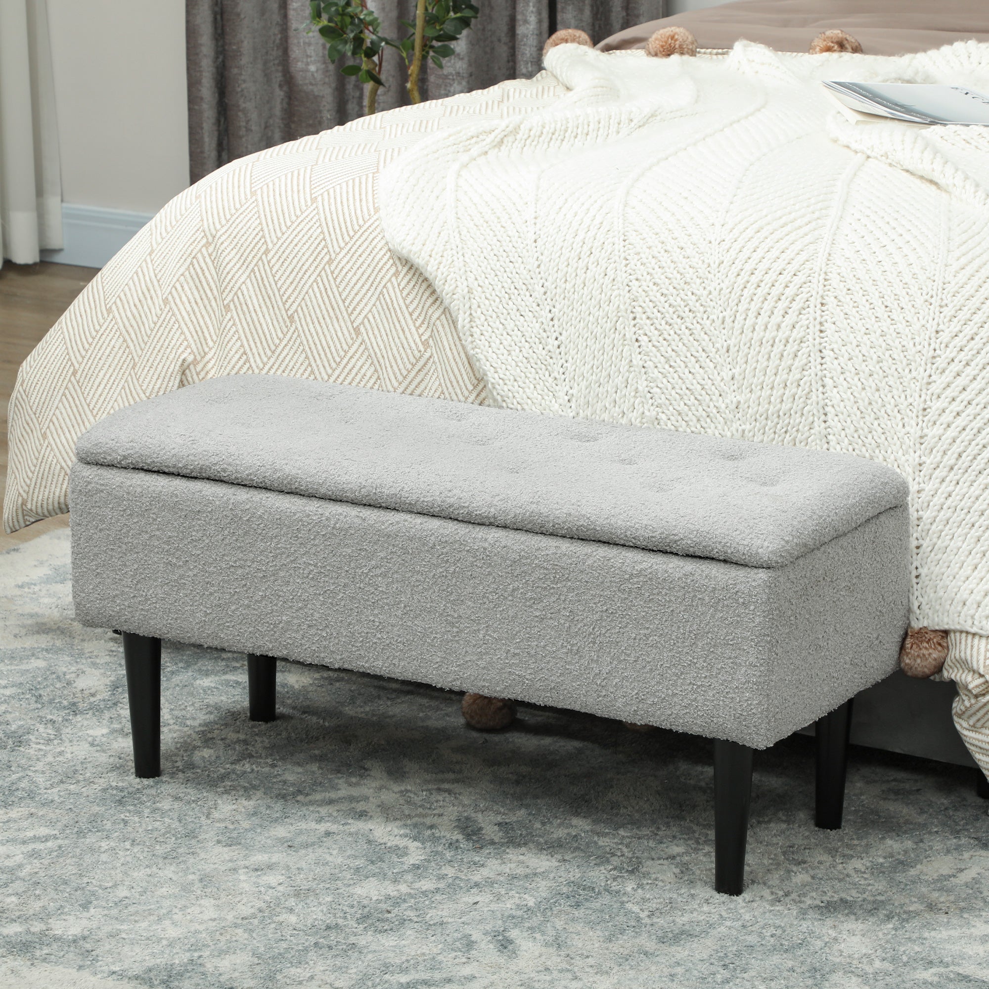 Modern Storage Bench, Ottoman with Storage and Lamb's Wool Upholstery for Living Room, Bedroom, Grey