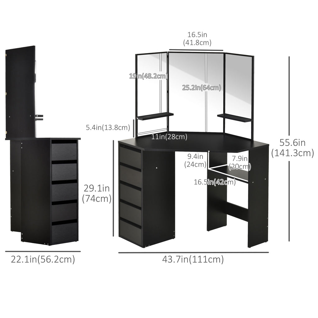 Corner Vanity Desk with Mirror, Makeup Vanity Table with 5 Drawers and Open Shelves, Dressing Table with 3-piece Mirror for Bedroom, Black