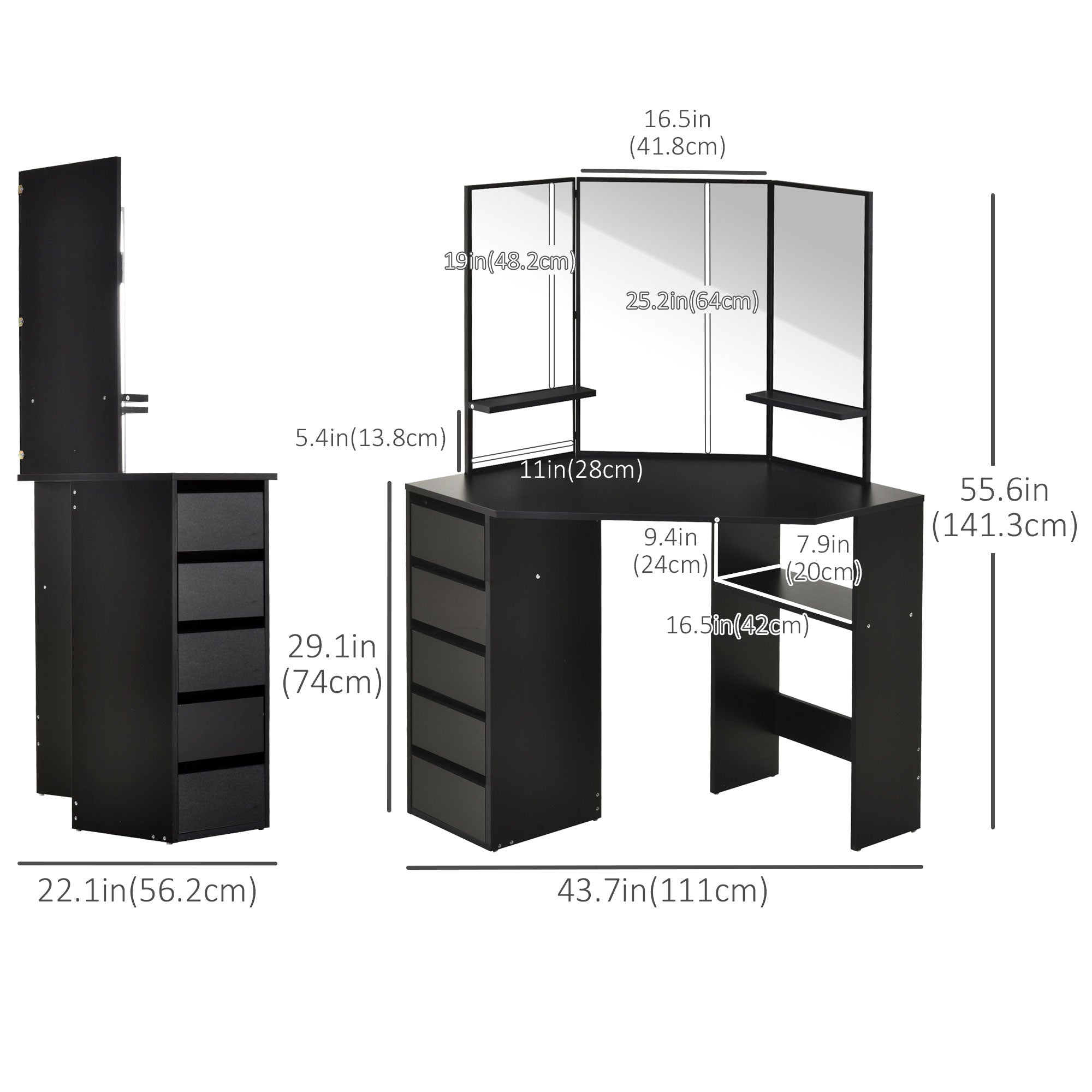Corner Vanity Desk with Mirror, Makeup Vanity Table with 5 Drawers and Open Shelves, Dressing Table with 3-piece Mirror for Bedroom, Black
