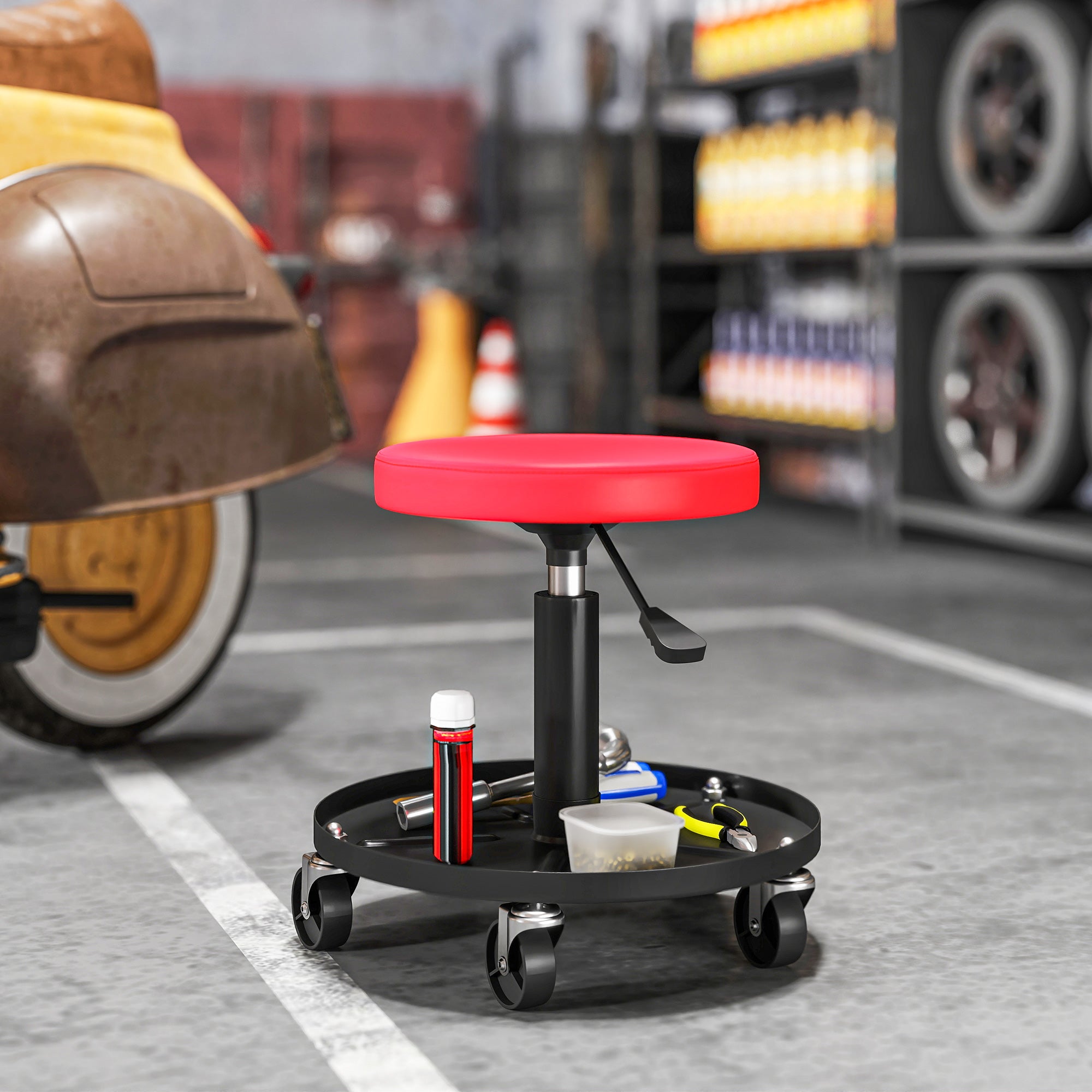Rolling Garage Stool, 300 LBS Capacity Padded Mechanic Stool with 2.5" Wheels, Adjustable Height 15" -19.7", Red