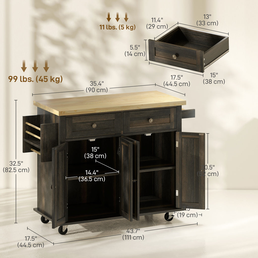 Kitchen Island with Storage, Rolling Trolley Cart with Rubber Wood Top, Spice Rack, Towel Rack, Grey