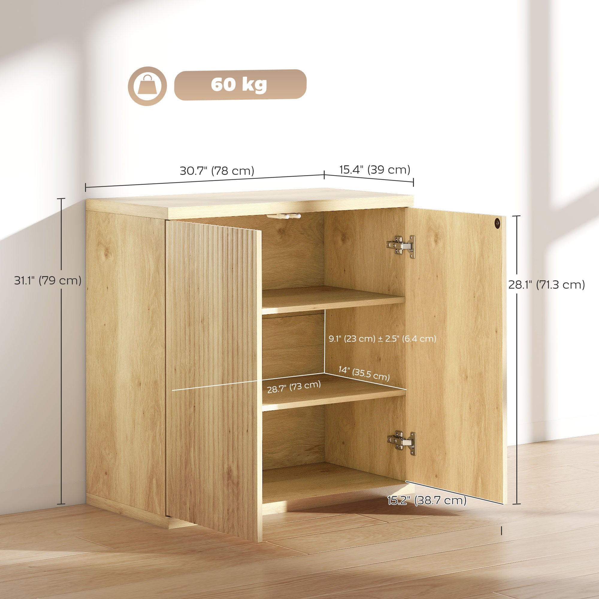 Sideboard Buffet Cabinet, 30.7" Modern Kitchen Storage Cabinet with Soft-Close Door and Adjustable Shelves, Oak