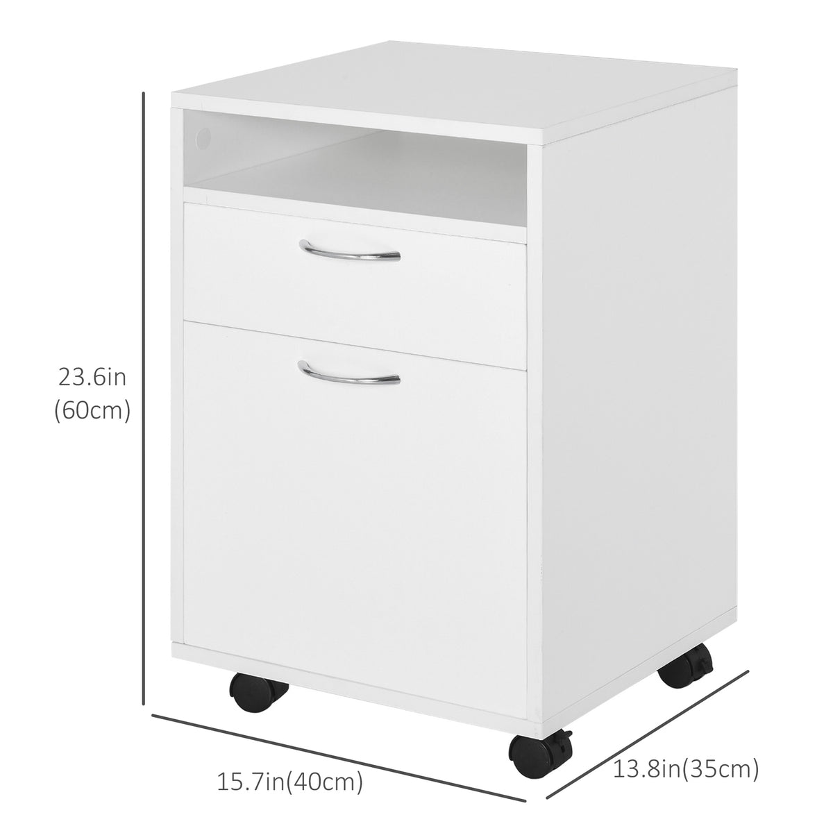 24" Small Filing Cabinet with Open Compartment, Drawer and Wheels, Home Office Storage Cabinet, Black