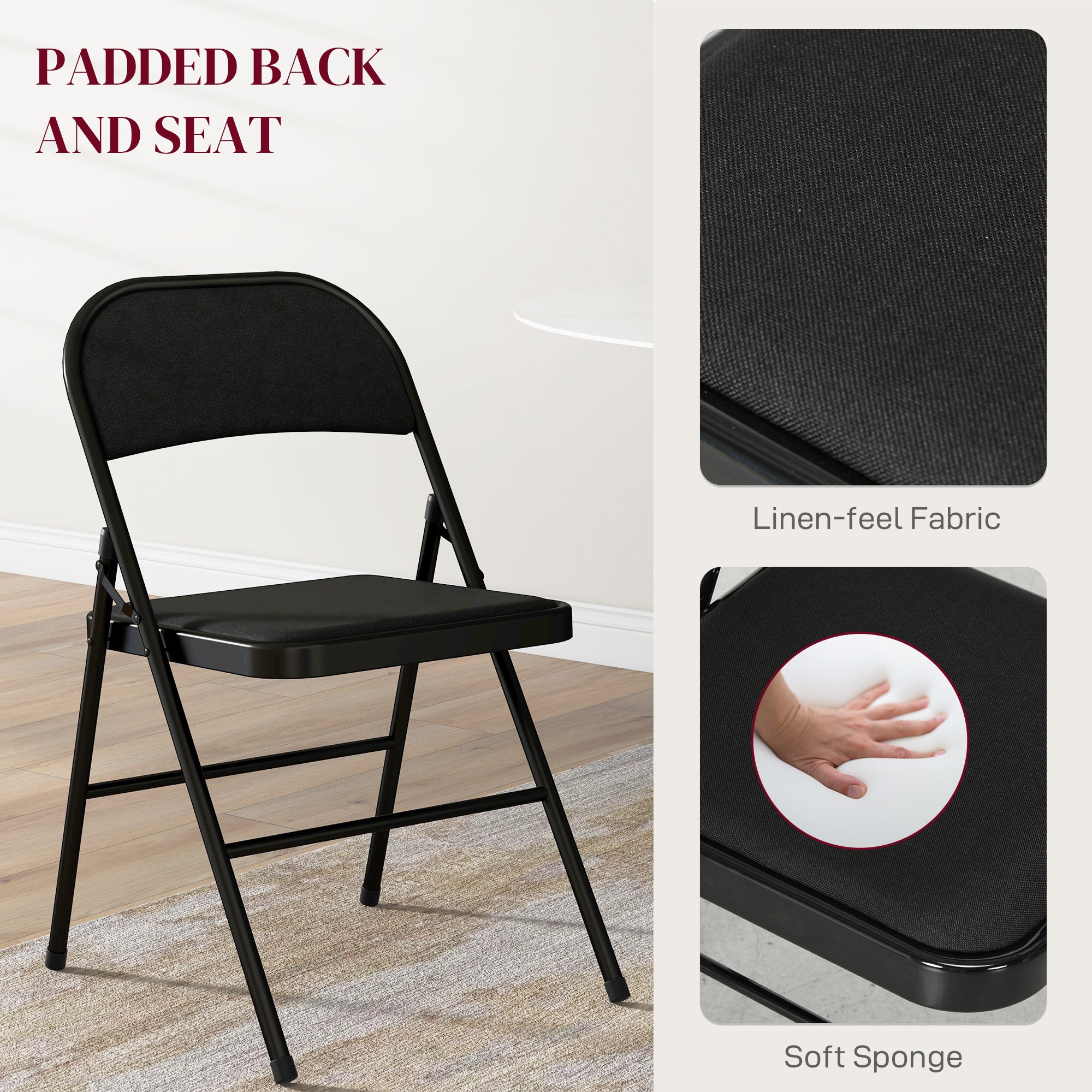 Set of 6 Metal Foldable Chairs, Faux Linen Padded Folding Chairs with Cushion Seat and Open Back for Indoor, Black