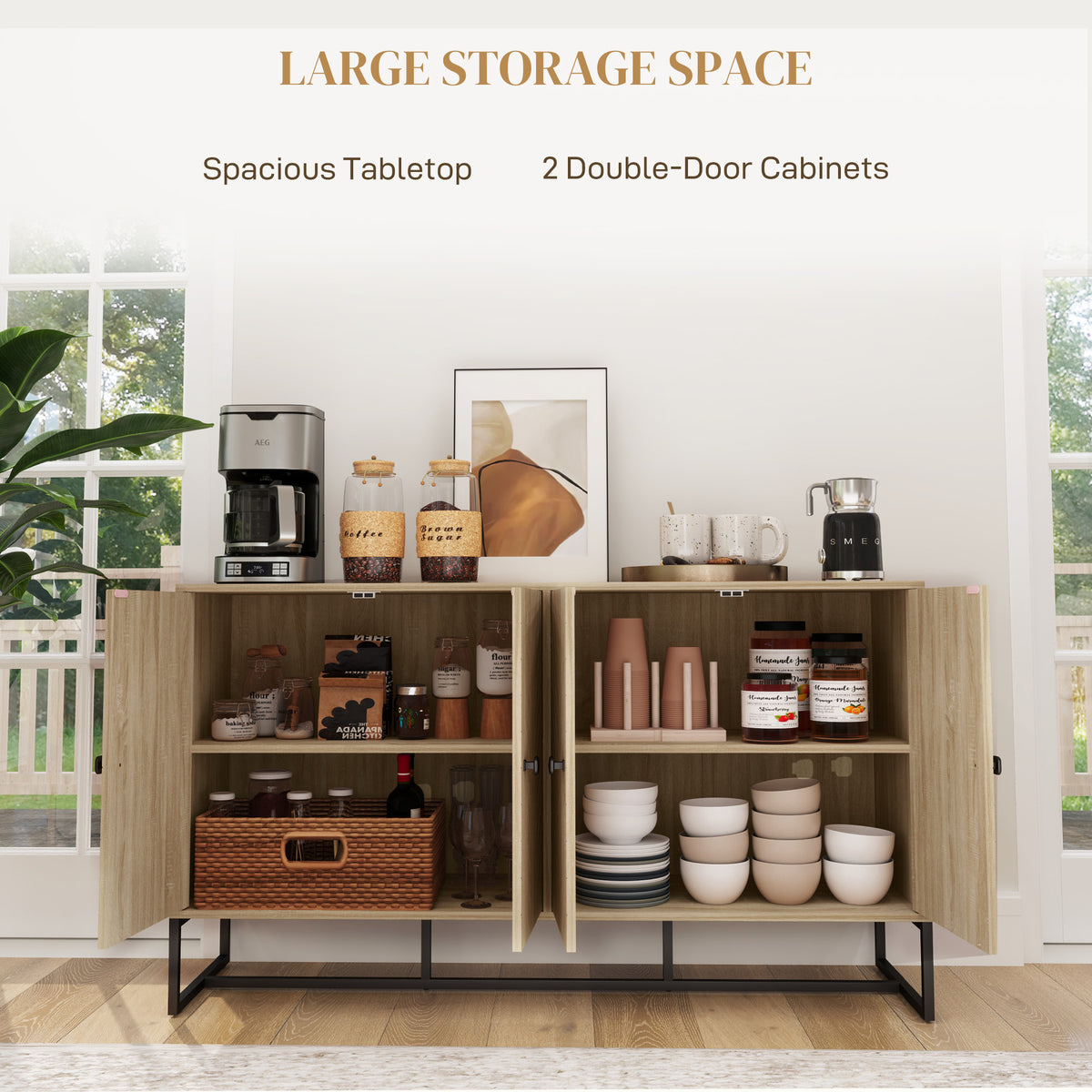 Sideboard Buffet Cabinet with 2 Adjustable Shelves and Steel Base, TV Stand, Coffee Bar Cabinet for Living Room, Oak