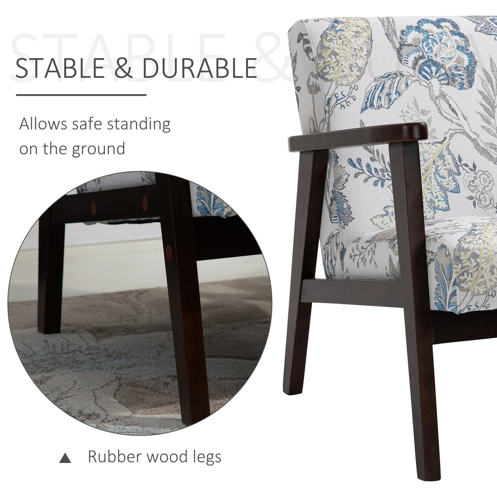 Mid-Century Modern Accent Chair Retro Fabric Armchair Wooden Arm Upholstered Lounge Chair for Living Room Floral