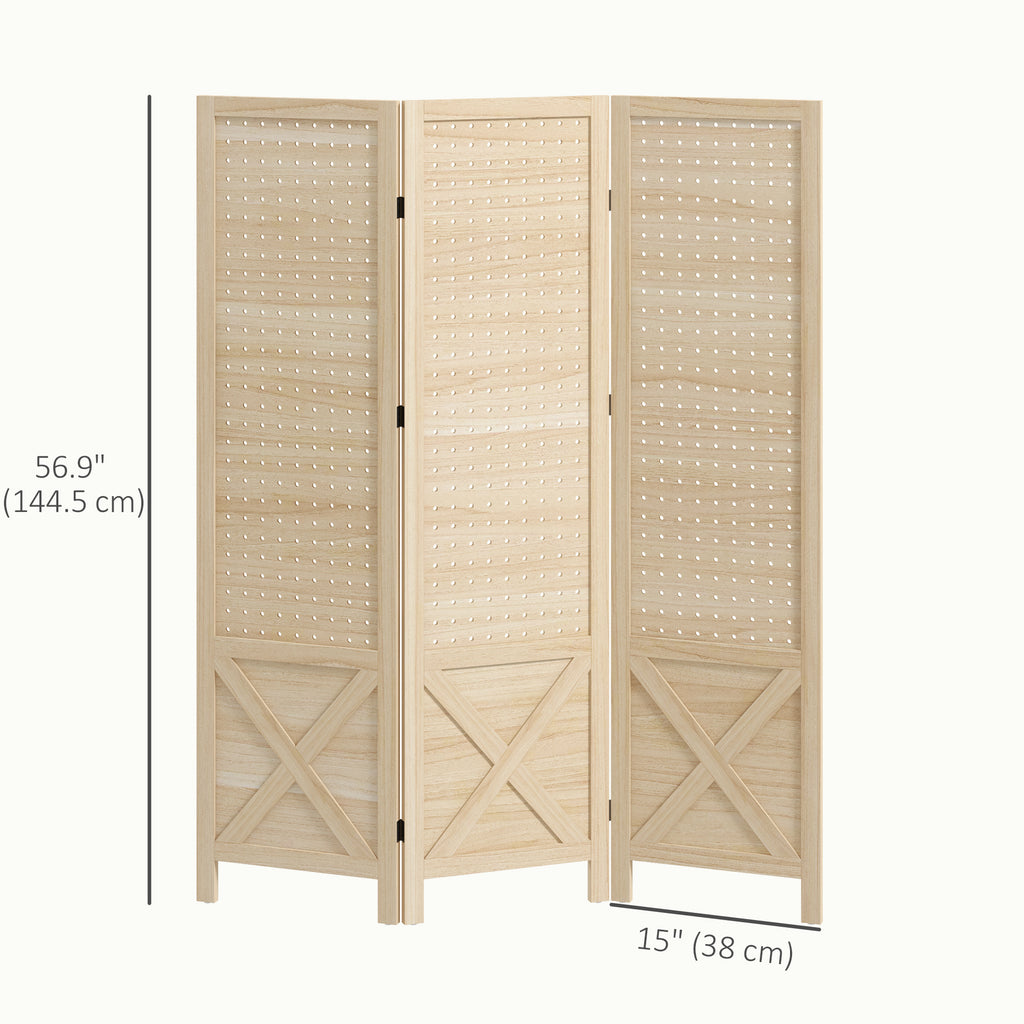 4.7' 4 Panel Wooden Room Divider with Pegboard Display, Folding Privacy Screen for Home Office, Natural
