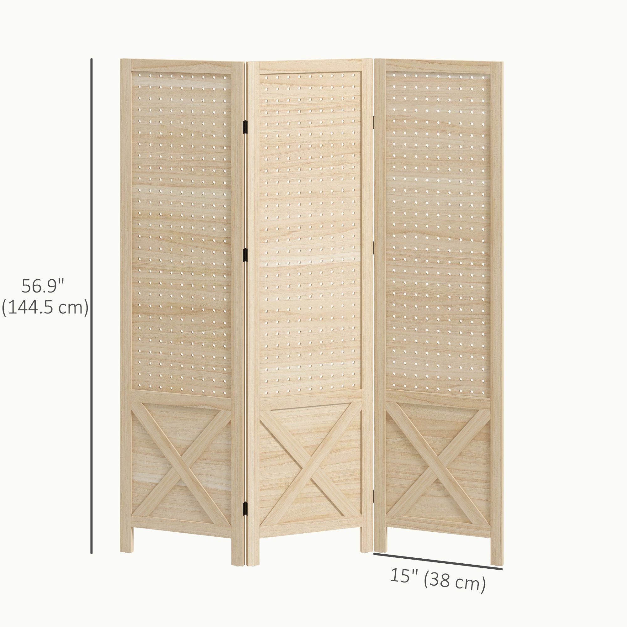 4.7' 4 Panel Wooden Room Divider with Pegboard Display, Folding Privacy Screen for Home Office, Natural