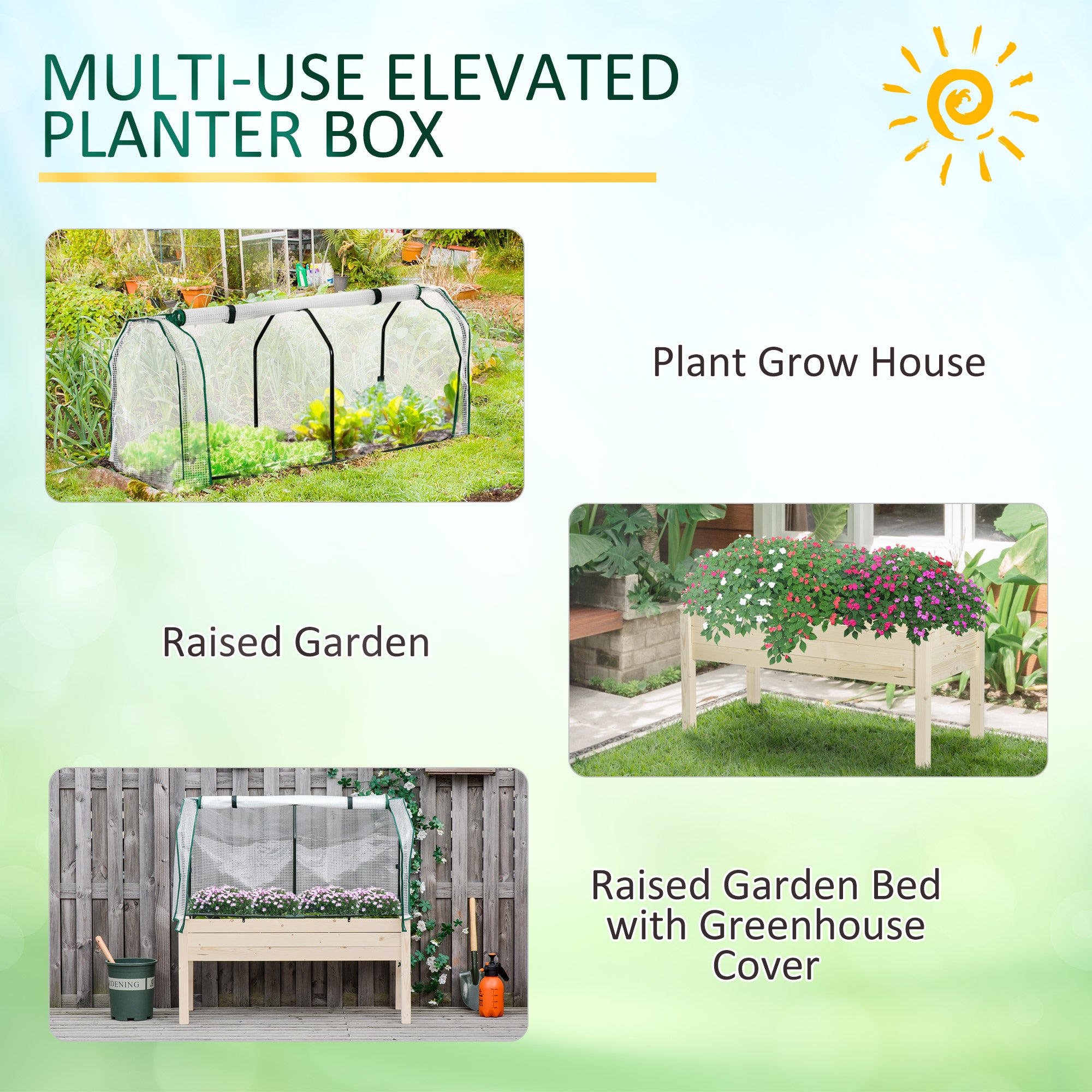 Raised Garden Bed with PE Greenhouse Cover Outdoor Elevated Wood Planter Box for Herbs and Vegetables, Use for Patio, Backyard, Balcony, 48 x 22 x 46 inch, Natural