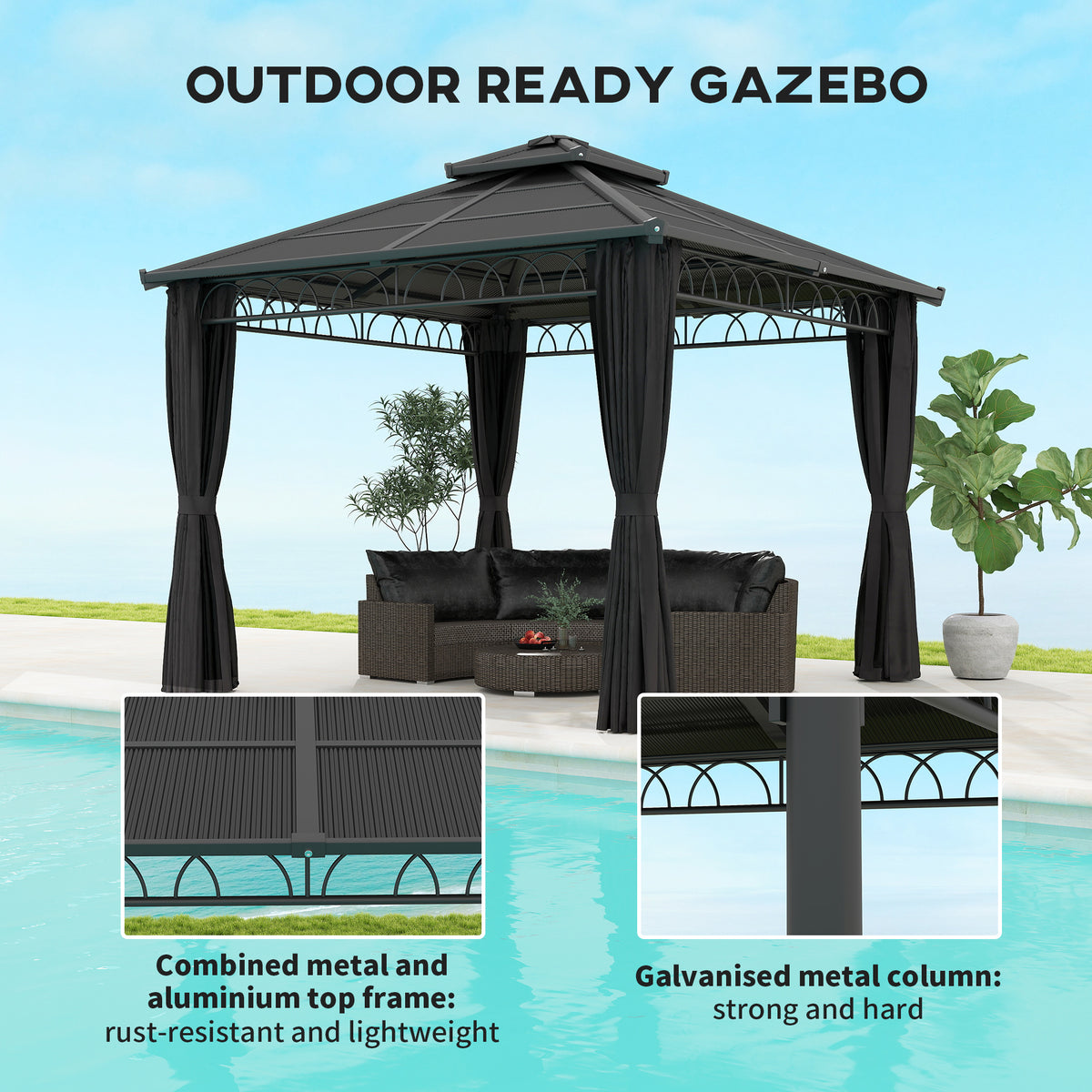 10' x 10' Outdoor Hardtop Gazebo Canopy with Double PC Roof, Steel Frame, Nettings, Curtains for Garden Lawn Deck, Black