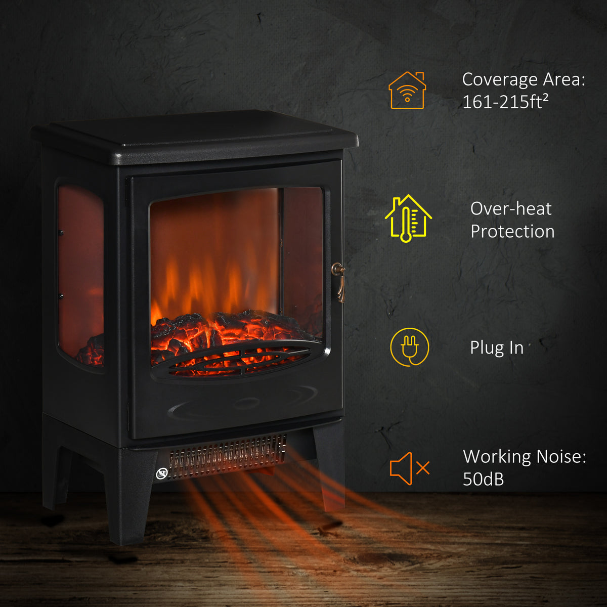 Electric Fireplace Heater, Freestanding Fireplace Stove with Realistic Adjustable Flame Effect and Adjustable Temperature, Overheating Safety Protection, 750W/1500W, Black
