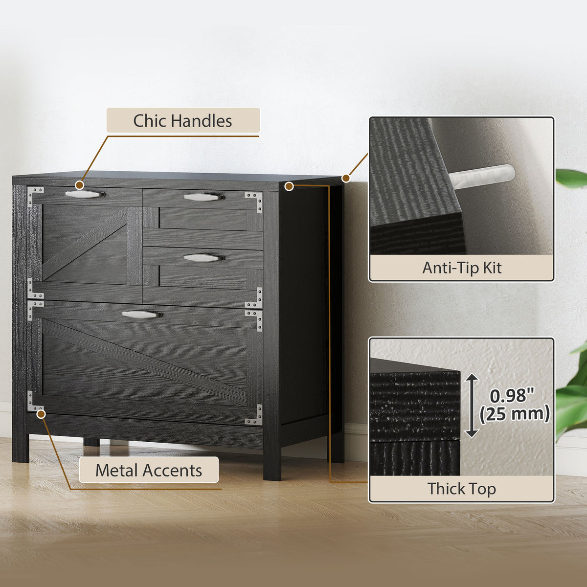 Lateral Filing Cabinet, Farmhouse File Cabinet with 4 Drawers, Fit Letter/A4/Legal Hanging Files, Black Wood Grain