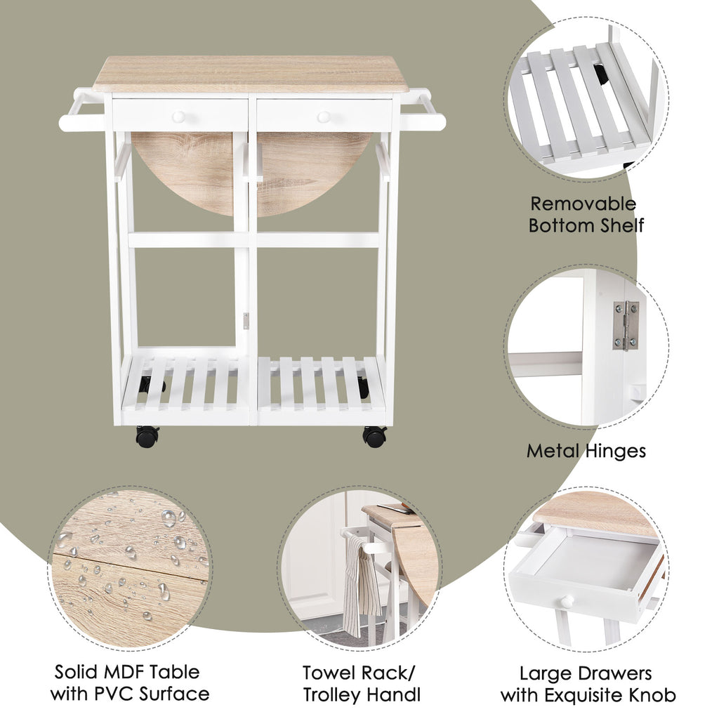 Kitchen Trolley 3 Piece Kitchen Cart Set Drop Leaf Breakfast Table and 2 Stools w/ Rolling Wheels & Towel Bars, Wood & White