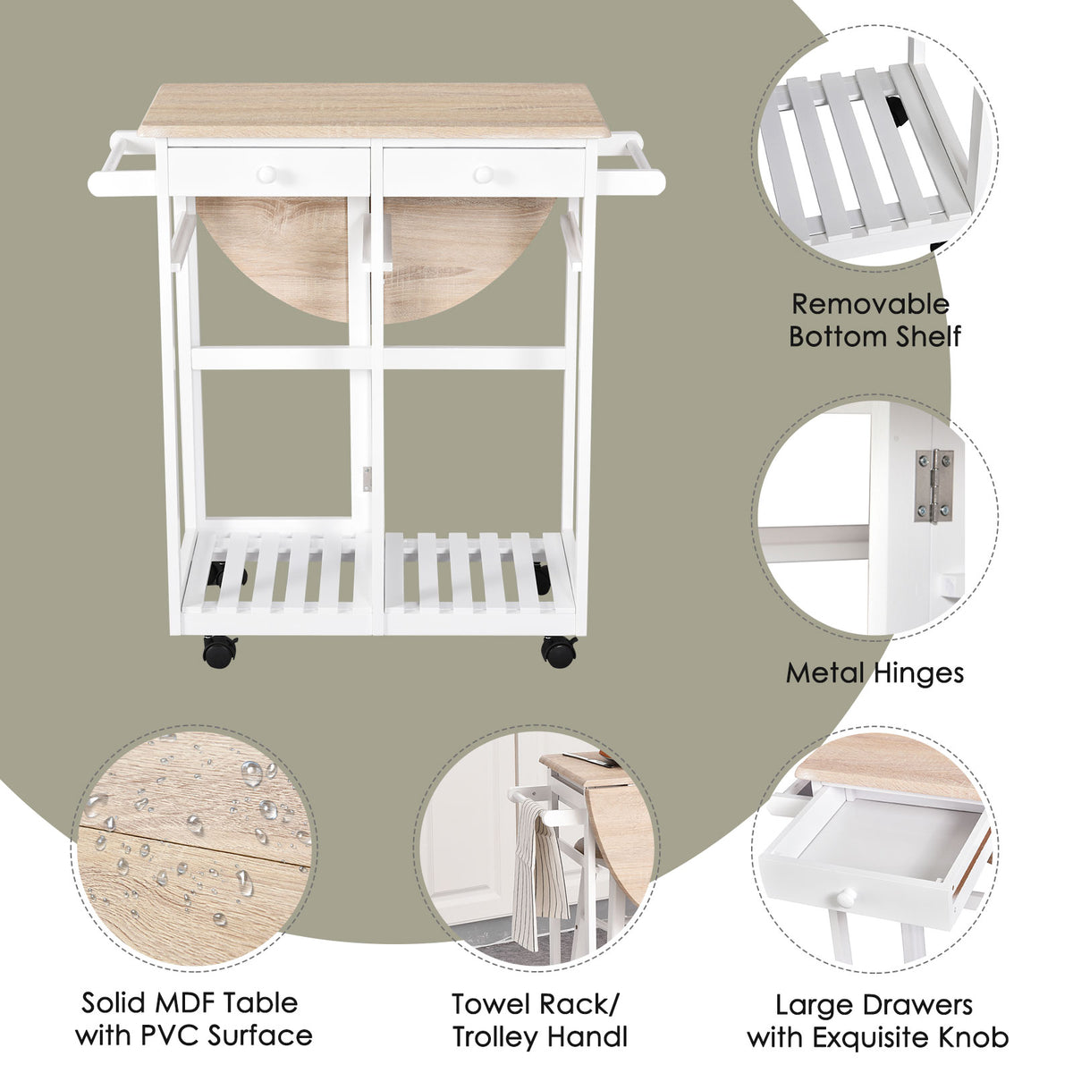 Kitchen Trolley 3 Piece Kitchen Cart Set Drop Leaf Breakfast Table and 2 Stools w/ Rolling Wheels & Towel Bars, Wood & White