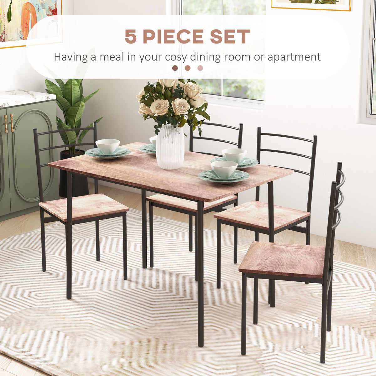 5 Piece Dining Table Set for 4, Space Saving Kitchen Table and 4 Chairs, Rectangle, Steel Frame for Dining Room, Oak