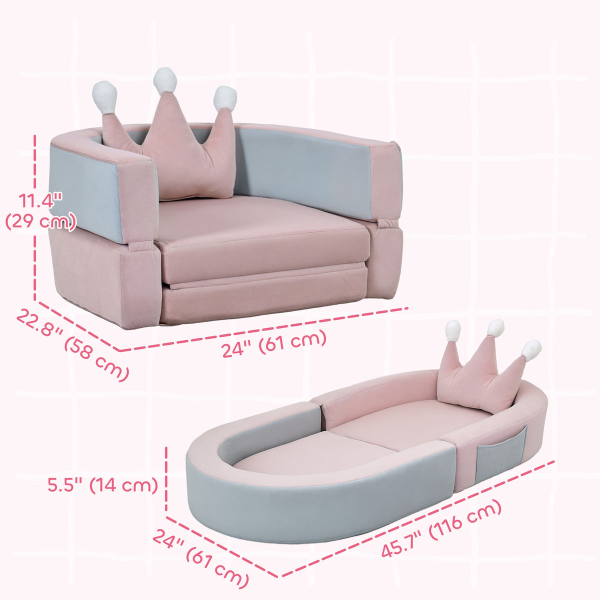 Qaba 3-in-1 Convertible Climbing Toys for Toddlers with Crown Cushion, Fold Out Toddler Couch to Lounger & Play Area, Pink